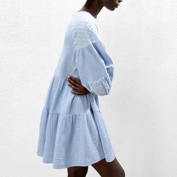 Zara Light Blue Mini Swing Dress NWOT - Picture 2 of 7